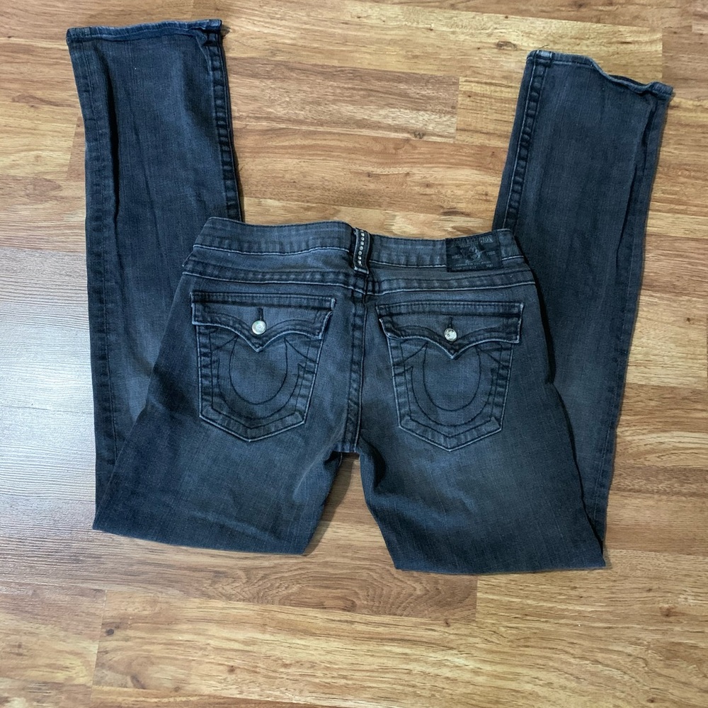True Religion rhinestone straight leg jeans.